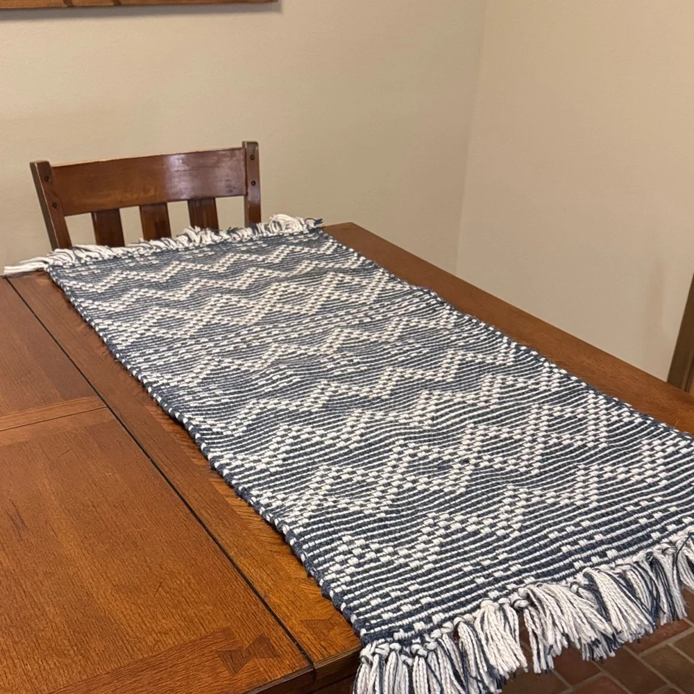 Woven Table Runner with Fringe‎ - Blue and White